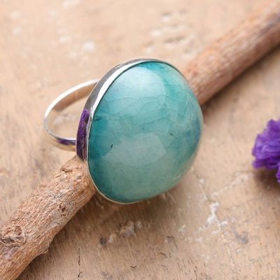 Primary image for Hand-Painted Crackled Ceramic Sterling Silver Cocktail Ring Green Sea