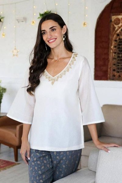Alternate image for Artisan Made Embroidered Silk and Cotton Tunic from India Mughal Flowers