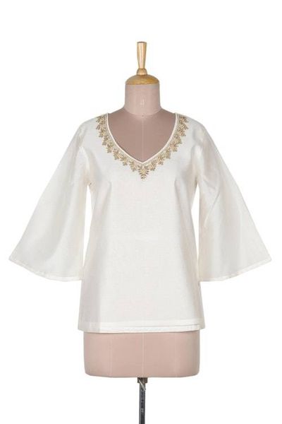 Alternate image for Artisan Made Embroidered Silk and Cotton Tunic from India Mughal Flowers