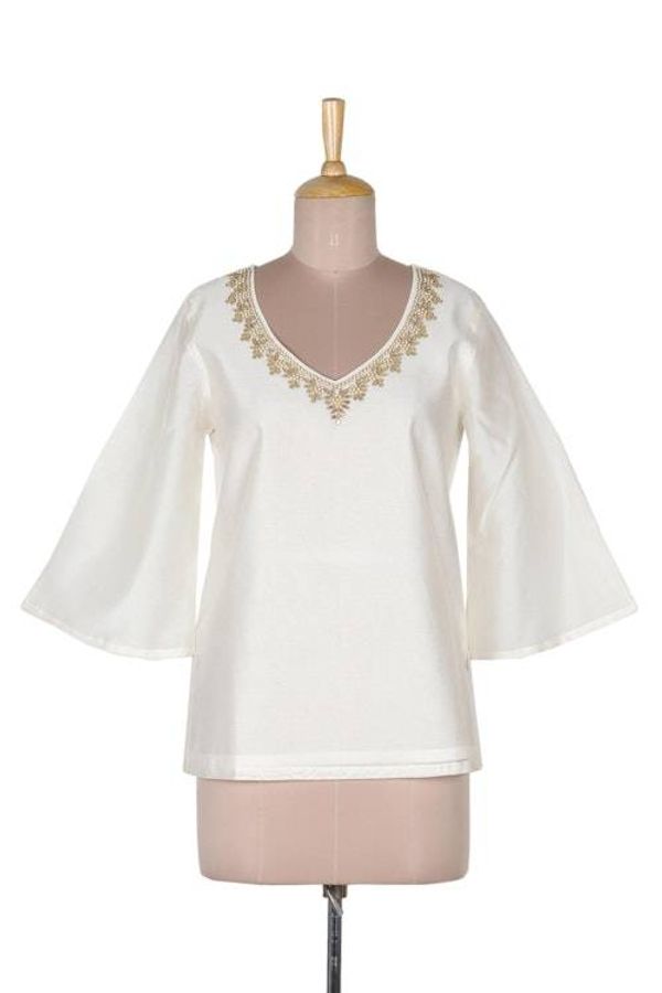 Alternate image for Artisan Made Embroidered Silk and Cotton Tunic from India Mughal Flowers