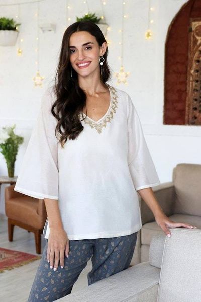 Alternate image for Artisan Made Embroidered Silk and Cotton Tunic from India Mughal Flowers