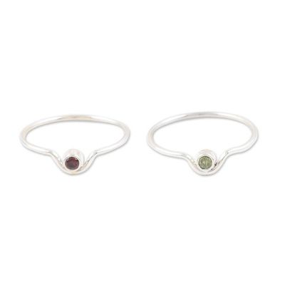 Alternate image for Set of 2 Modern Garnet and Peridot Single Stone Rings Lucky Magic