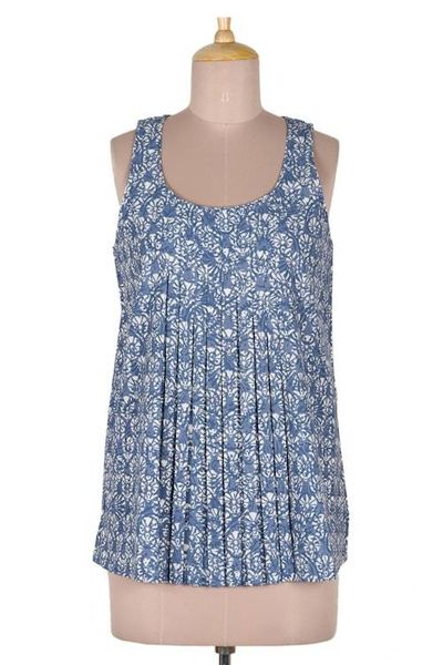 Alternate image for Printed Sleeveless Cotton Blouse with Floral Motif Blue Cheer