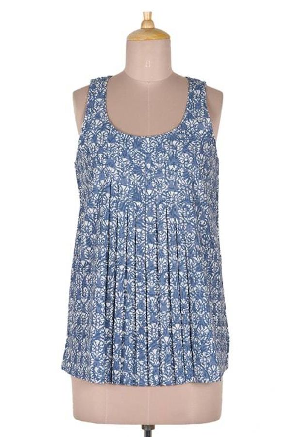 Alternate image for Printed Sleeveless Cotton Blouse with Floral Motif Blue Cheer