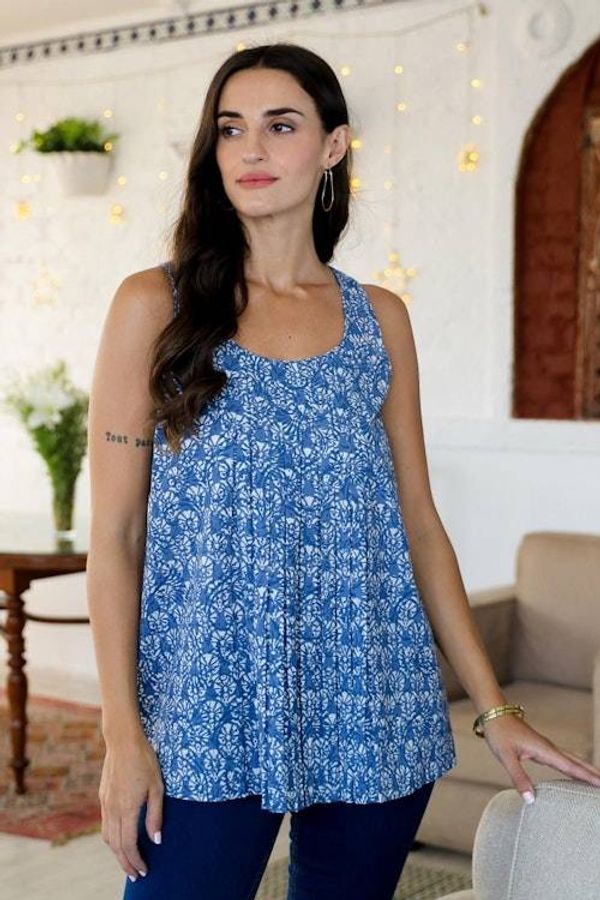 Alternate image for Printed Sleeveless Cotton Blouse with Floral Motif Blue Cheer