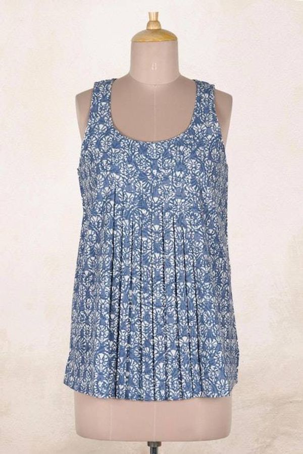 Alternate image for Printed Sleeveless Cotton Blouse with Floral Motif Blue Cheer