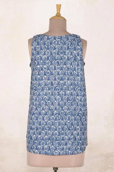 Alternate image for Printed Sleeveless Cotton Blouse with Floral Motif Blue Cheer