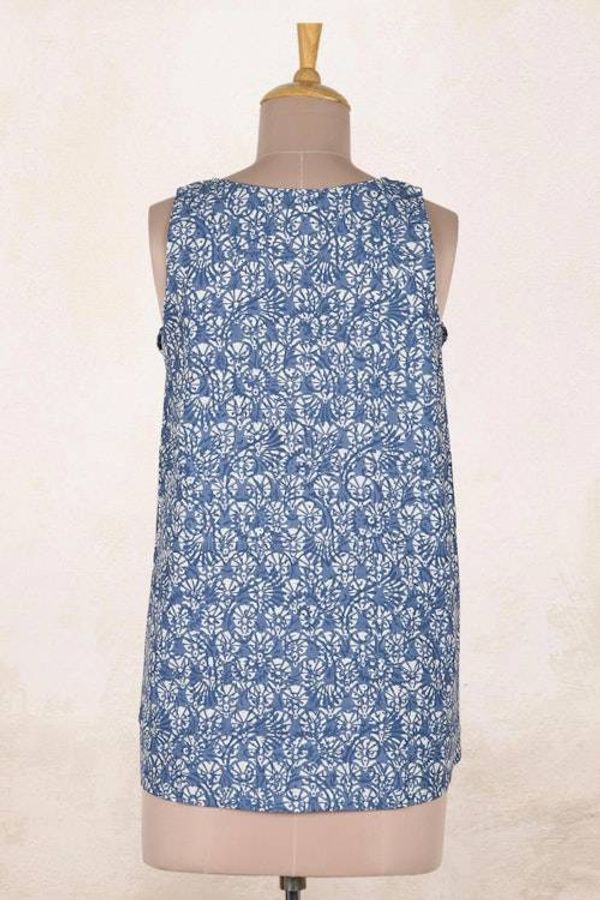 Alternate image for Printed Sleeveless Cotton Blouse with Floral Motif Blue Cheer