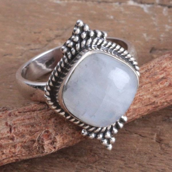 Alternate image for Rounded Square Rainbow Moonstone Silver Cocktail Ring Luminous Mesa