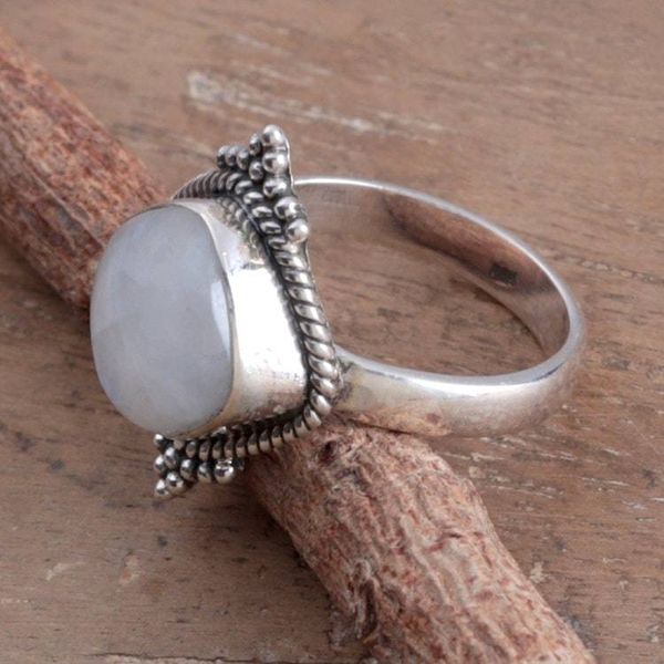 Alternate image for Rounded Square Rainbow Moonstone Silver Cocktail Ring Luminous Mesa
