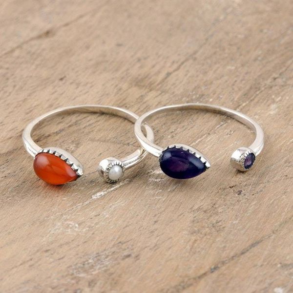Alternate image for Hand Made Amethyst and Carnelian Wrap Rings Pair Dusk to Dawn