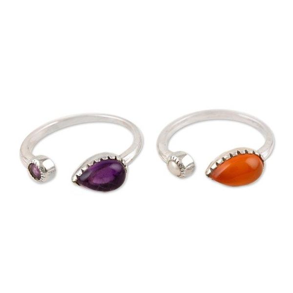 Alternate image for Hand Made Amethyst and Carnelian Wrap Rings Pair Dusk to Dawn