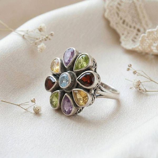 Alternate image for Spring-Inspired 6-Carat Faceted Multi-Gemstone Cocktail Ring Floral Luxury