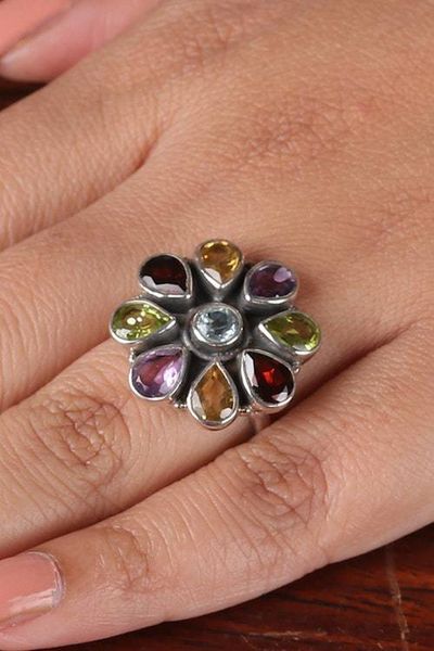 Alternate image for Spring-Inspired 6-Carat Faceted Multi-Gemstone Cocktail Ring Floral Luxury