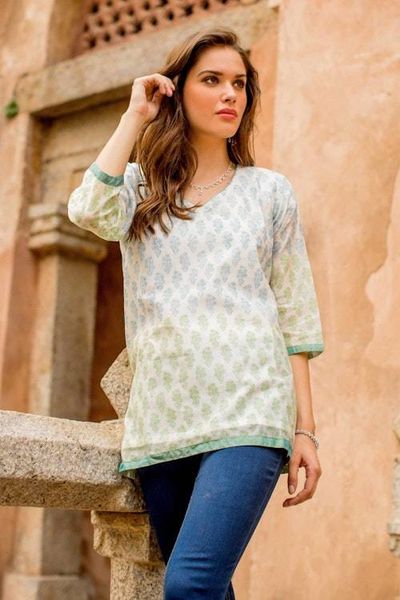Alternate image for Handmade Block Print Lined Cotton Blend Tunic from India Cool Bouquet