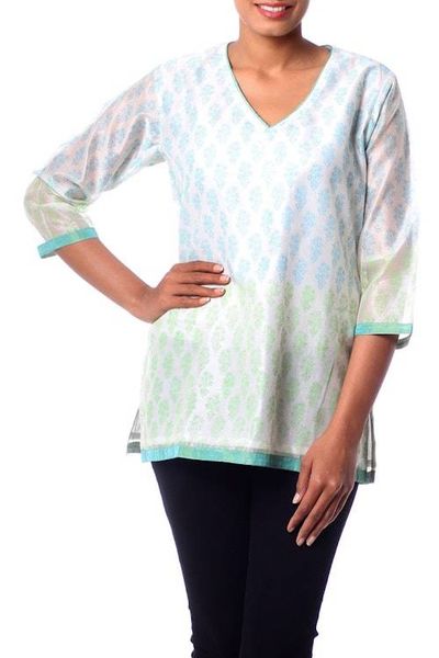 Alternate image for Handmade Block Print Lined Cotton Blend Tunic from India Cool Bouquet