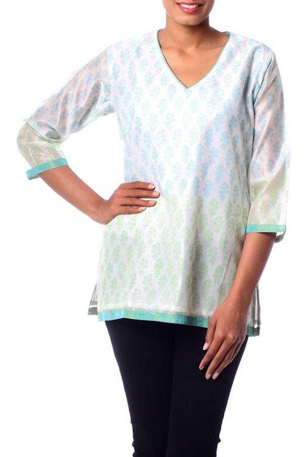 Alternate image for Handmade Block Print Lined Cotton Blend Tunic from India Cool Bouquet