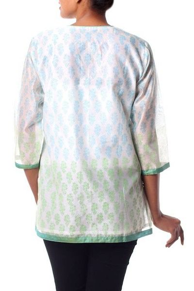 Alternate image for Handmade Block Print Lined Cotton Blend Tunic from India Cool Bouquet