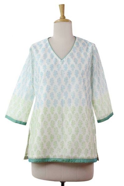 Alternate image for Handmade Block Print Lined Cotton Blend Tunic from India Cool Bouquet