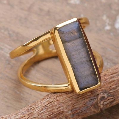 Alternate image for Modern 18k Gold-Plated Two-Carat Labradorite Cocktail Ring Golden Enigma