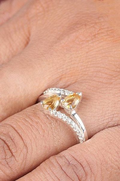 Alternate image for Citrine and Silver Cocktail Ring with Pave Cubic Zirconia Sparkling Splendor