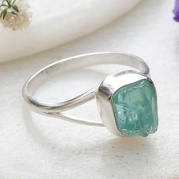 Alternate image for Sterling Silver Single Stone Ring with Freeform Apatite Gem Hypnotic Magic