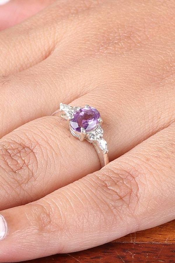Alternate image for Amethyst Cubic Zirconia Silver Cocktail Ring from India Sparkling Violet