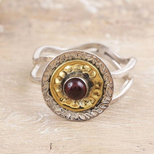 Alternate image for Floral Sterling Silver and Brass Cocktail Ring with Garnet Perseverant Spring