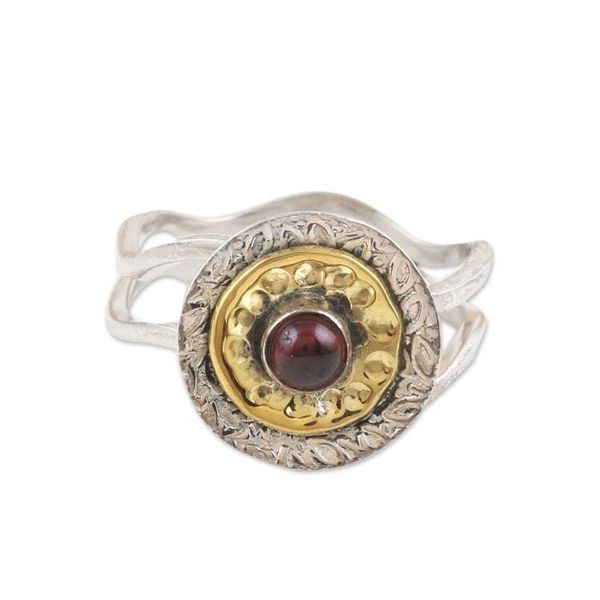Alternate image for Floral Sterling Silver and Brass Cocktail Ring with Garnet Perseverant Spring