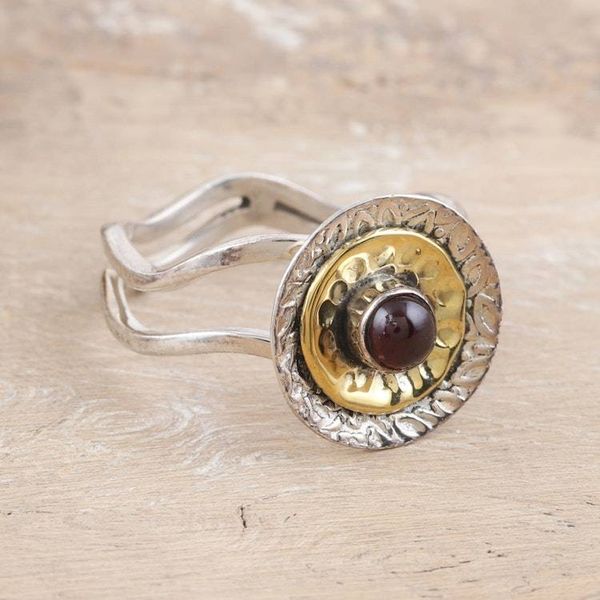 Alternate image for Floral Sterling Silver and Brass Cocktail Ring with Garnet Perseverant Spring
