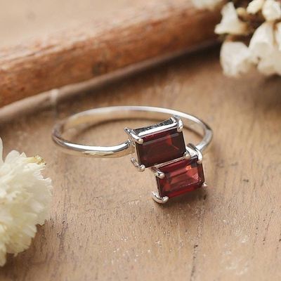 Alternate image for Geometric Silver Cocktail Ring with Rectangular Garnet Gems Crimson Embrace