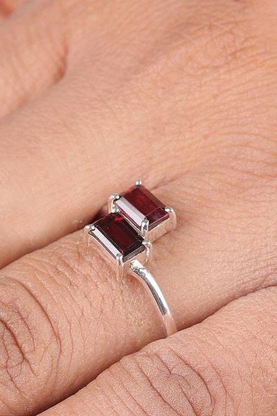 Alternate image for Geometric Silver Cocktail Ring with Rectangular Garnet Gems Crimson Embrace