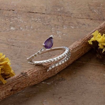 Alternate image for Coiled Snake-Shaped Silver Cocktail Ring with Amethyst Stone Coiled Snake