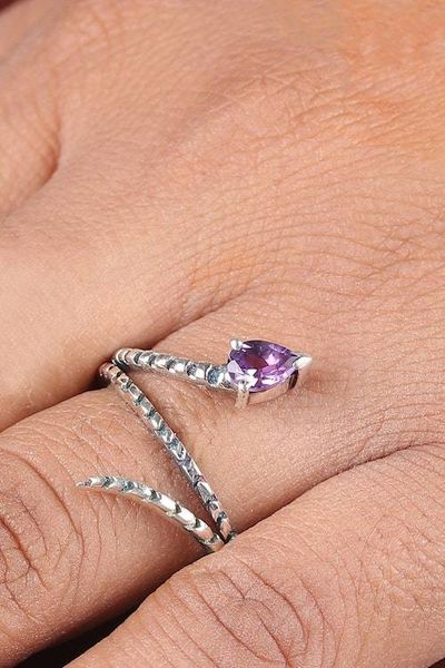 Alternate image for Coiled Snake-Shaped Silver Cocktail Ring with Amethyst Stone Coiled Snake