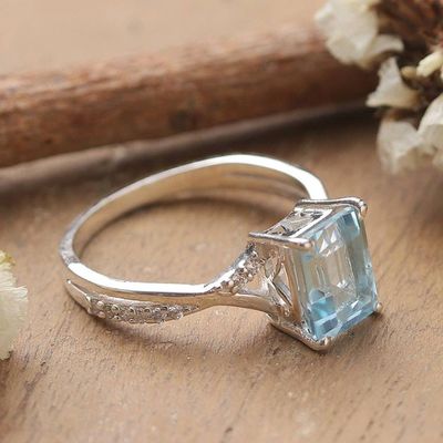Alternate image for Rectangular Blue Topaz Cubic Zirconia Silver Cocktail Ring Azure Sophistication