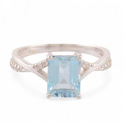 Alternate image for Rectangular Blue Topaz Cubic Zirconia Silver Cocktail Ring Azure Sophistication