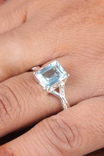 Alternate image for Rectangular Blue Topaz Cubic Zirconia Silver Cocktail Ring Azure Sophistication