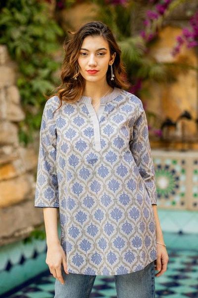 Alternate image for Printed Cotton Tunic in Ash from India Royal Ash Grey
