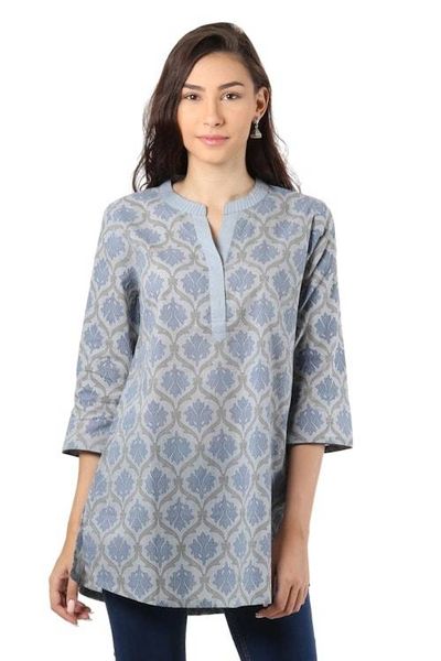 Alternate image for Printed Cotton Tunic in Ash from India Royal Ash Grey