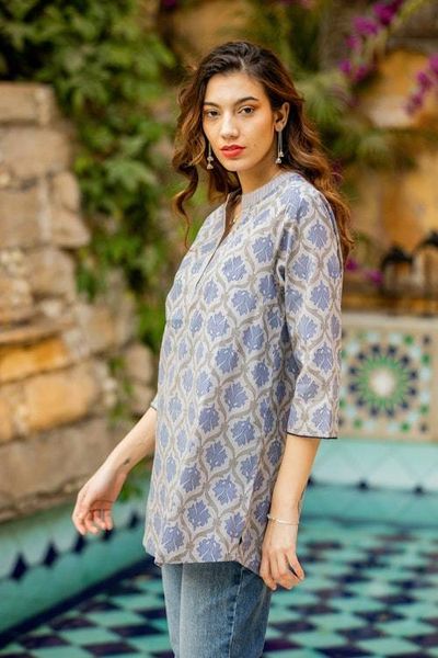 Alternate image for Printed Cotton Tunic in Ash from India Royal Ash Grey
