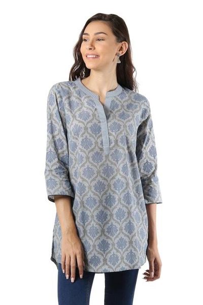 Alternate image for Printed Cotton Tunic in Ash from India Royal Ash Grey