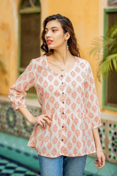 Alternate image for Printed Cotton Blouse in Salmon from India Sweet Honeysuckle