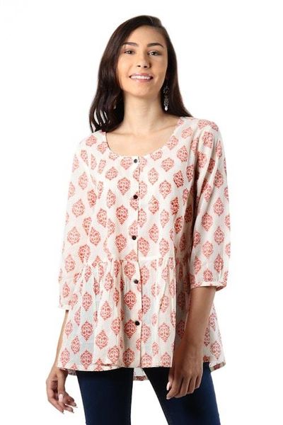 Alternate image for Printed Cotton Blouse in Salmon from India Sweet Honeysuckle
