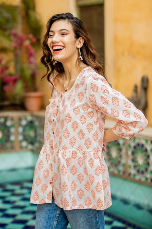Alternate image for Printed Cotton Blouse in Salmon from India Sweet Honeysuckle