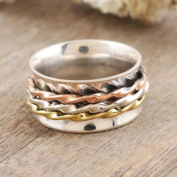 Alternate image for Sterling Silver Brass and Copper Meditation Spinner Ring Twisted Spin