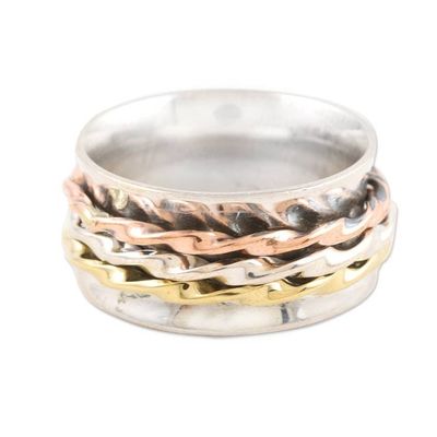 Alternate image for Sterling Silver Brass and Copper Meditation Spinner Ring Twisted Spin