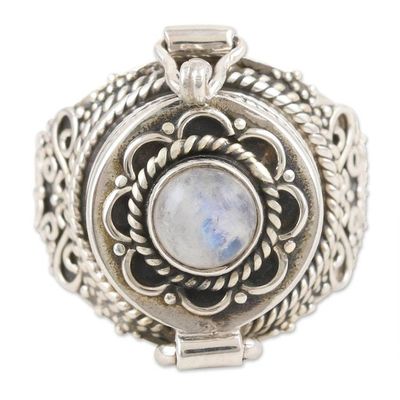 Alternate image for Rainbow Moonstone Locket Ring from India Misty Flower