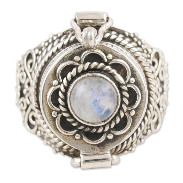 Alternate image for Rainbow Moonstone Locket Ring from India Misty Flower