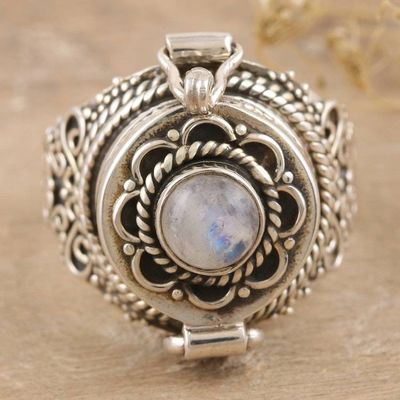Alternate image for Rainbow Moonstone Locket Ring from India Misty Flower