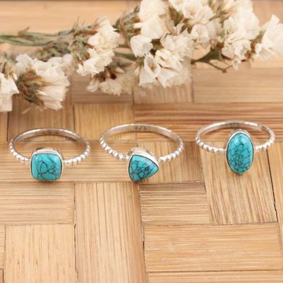 Alternate image for Set of 3 Sterling Silver Recon Turquoise Solitaire Rings Triple Charm
